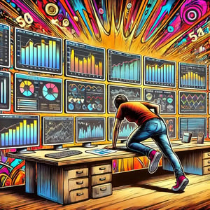 DALL·E 2024-07-11 18.07.53 - A graffiti-style illustration of a person leaning on the desktop in a control room with numerous monitors, each displaying metrics and diagrams that a