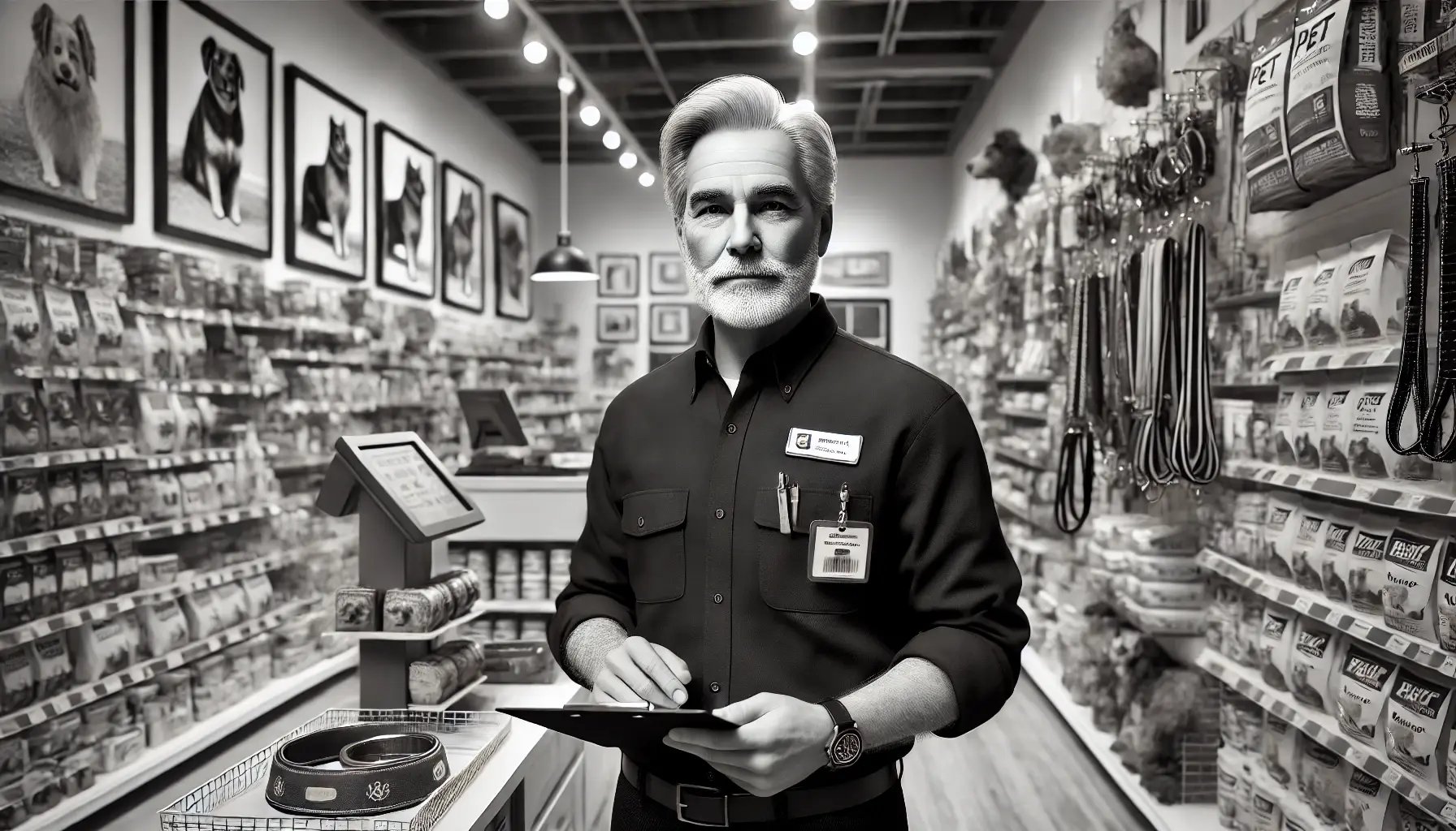 DALL·E 2024-09-03 17.16.31 - A hyperrealistic black and white image of an older store manager in a pet supplies shop. The manager is standing in the middle of the store, wearing a
