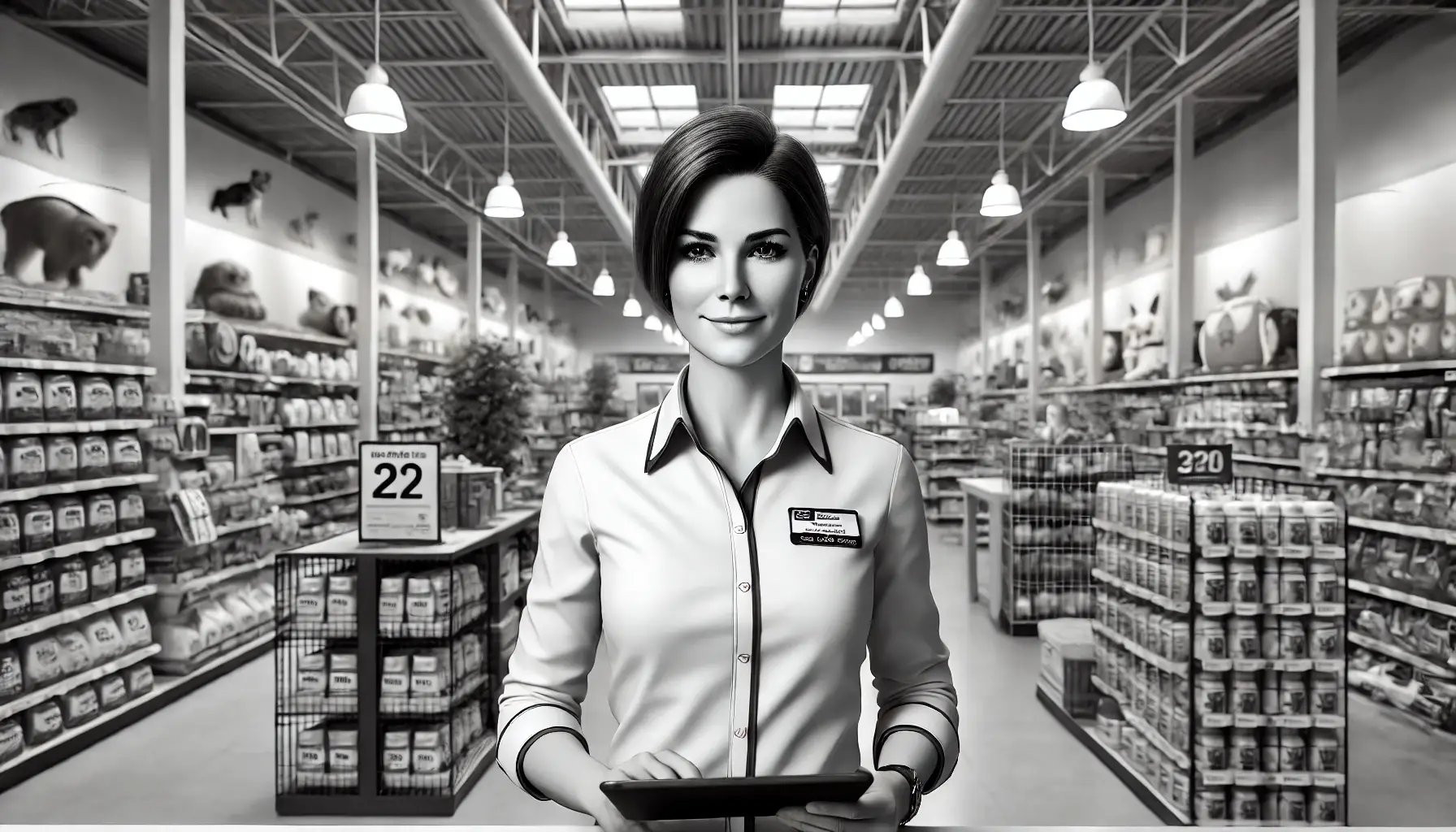 DALL·E 2024-09-03 17.26.28 - A hyperrealistic black and white image of a female store manager in a very large pet supplies shop. The store is extremely spacious, with very high ce