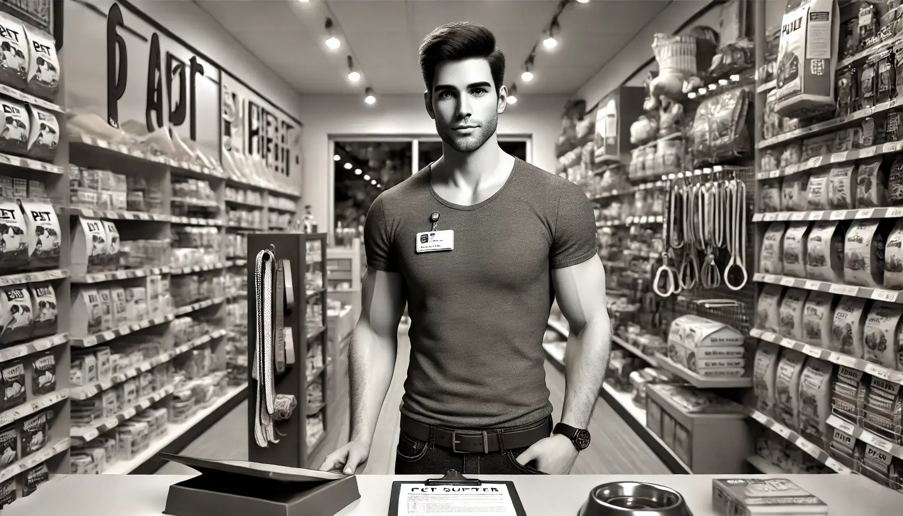 DALL·E 2024-09-03 17.31.36 - A hyperrealistic black and white image of a 30-year-old male store manager in a pet supplies shop. The manager is standing in the middle of the store,