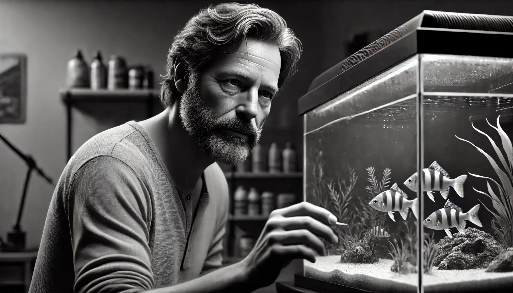 DALL·E 2024-09-03 17.45.26 - A hyperrealistic black and white image of a 50-year-old average-looking man taking care of an aquarium. The man has a full beard and wears casual clot