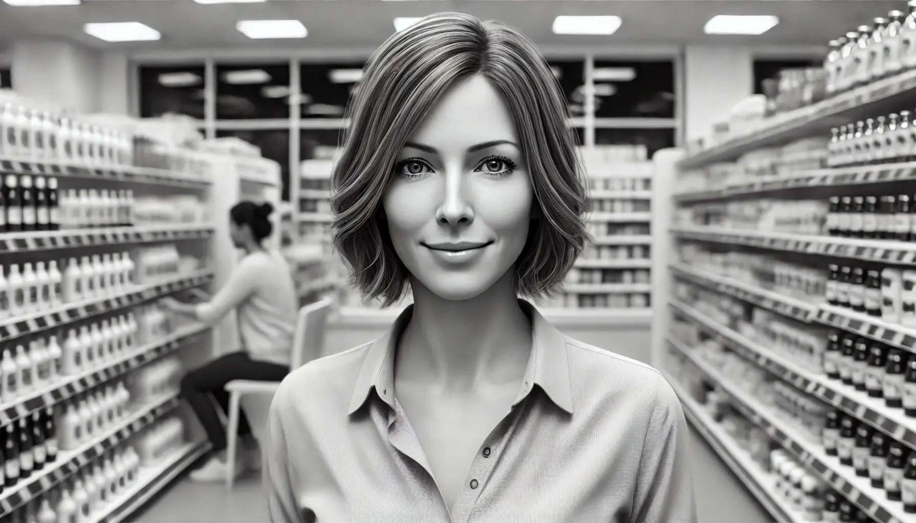 DALL·E 2024-09-03 17.48.44 - A hyperrealistic black and white image of a 35-year-old average-looking woman working in a store. The woman has a natural appearance with shoulder-len