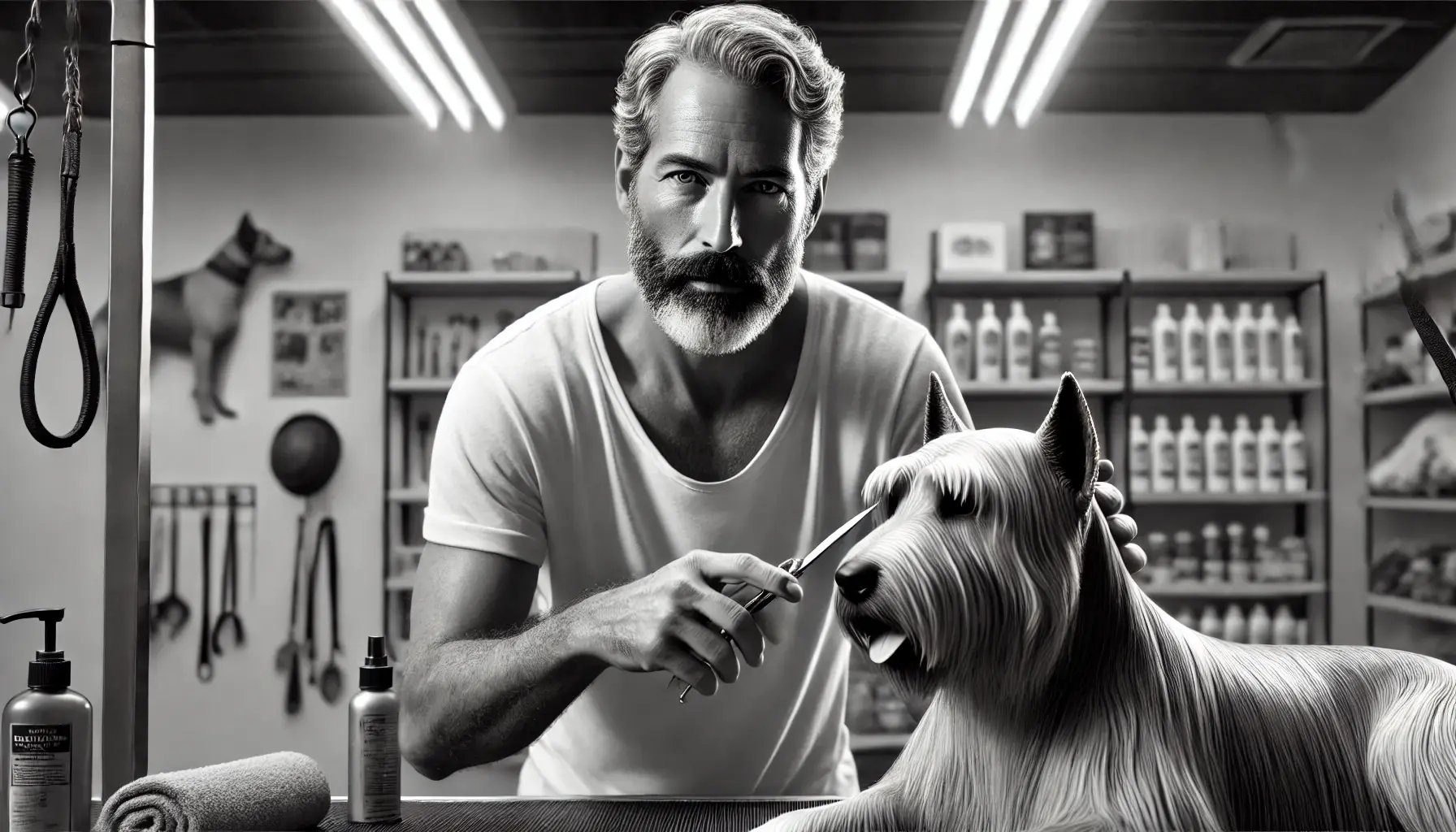 DALL·E 2024-09-03 17.53.20 - A hyperrealistic black and white image of a 50-year-old average-looking man grooming a dog. The man has a natural, modest appearance with a full beard