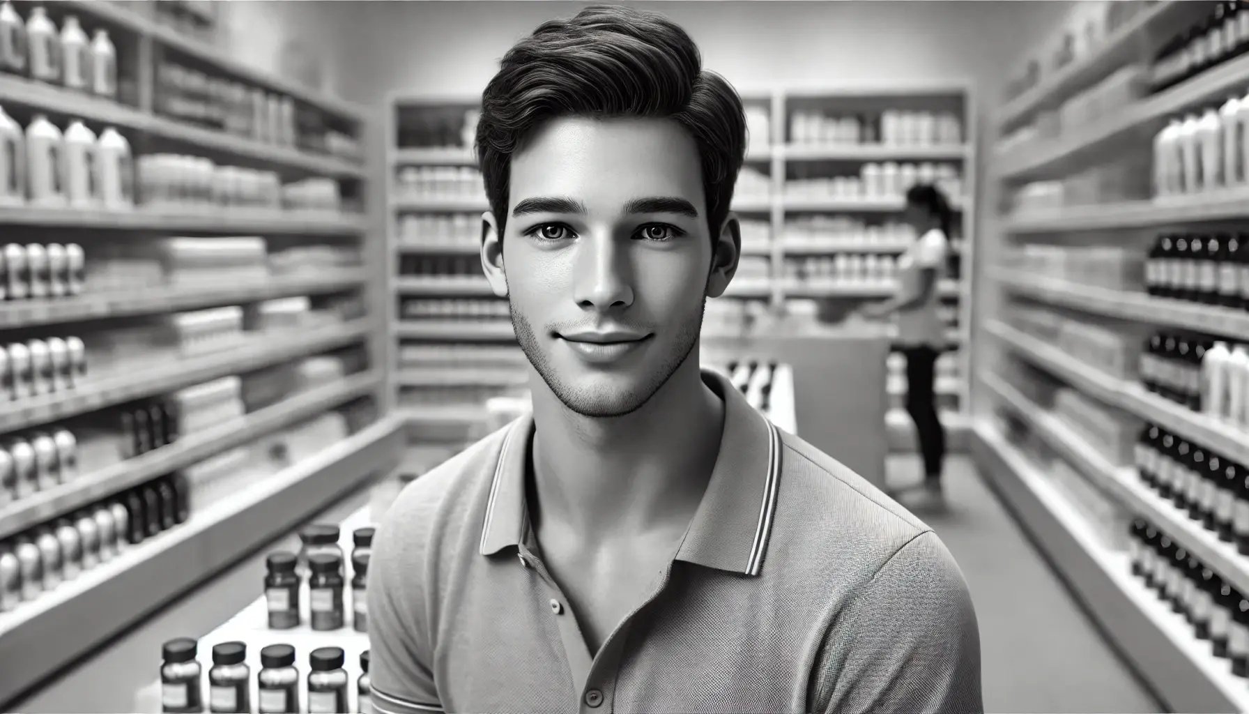 DALL·E 2024-09-03 17.54.54 - A hyperrealistic black and white image of a 25-year-old average-looking, slender male student working as a temporary assistant in a store. The young m