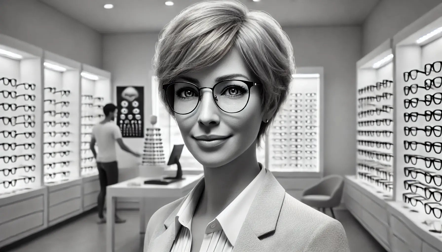 DALL·E 2024-09-09 08.53.01 - A hyperrealistic black and white image of a 50-year-old average-looking female optician in her optician store. The woman has a modest appearance, with