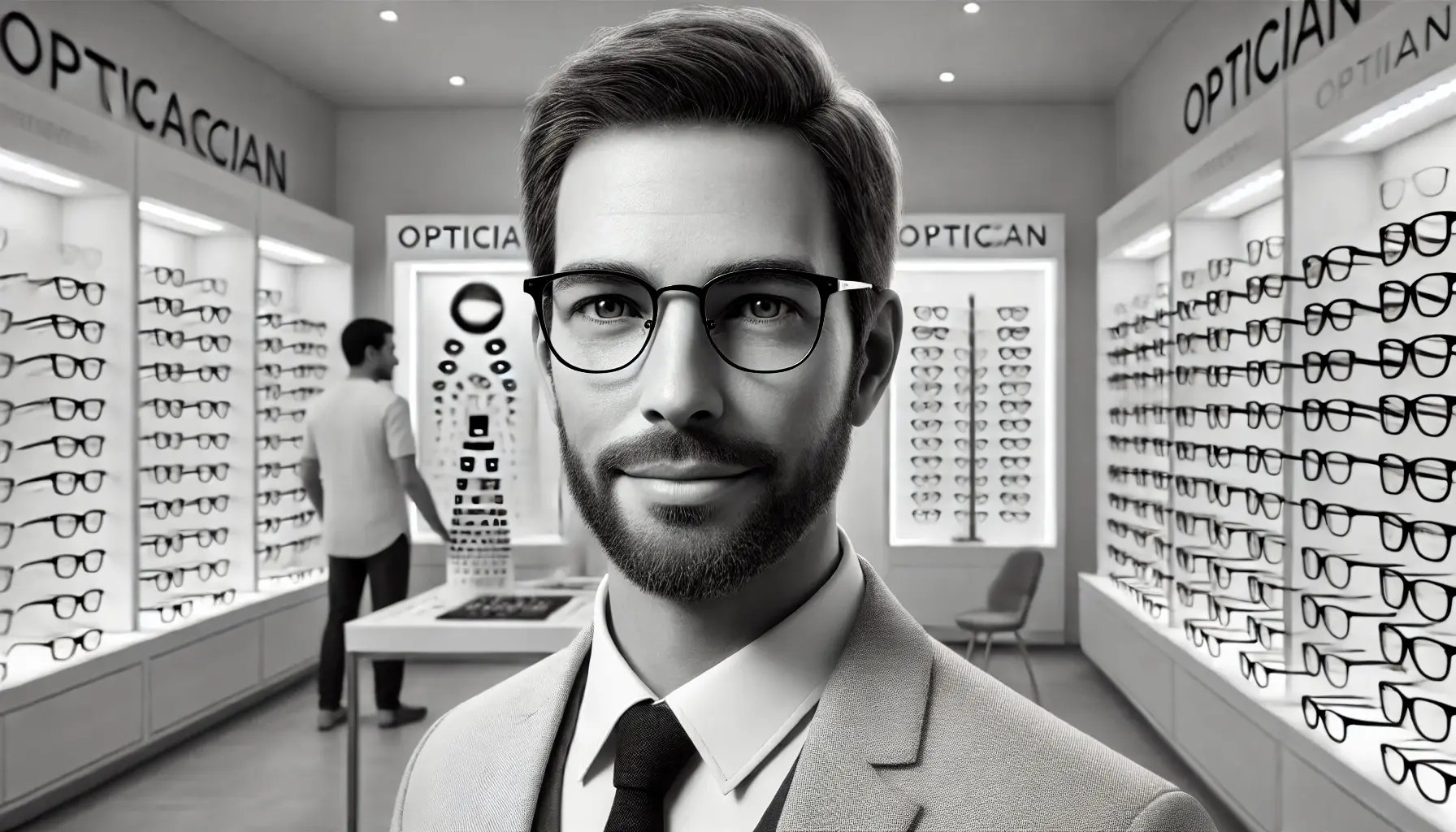 DALL·E 2024-09-09 08.54.28 - A hyperrealistic black and white image of a 40-year-old average-looking male optician in his optician store. The man has a modest appearance, with sho