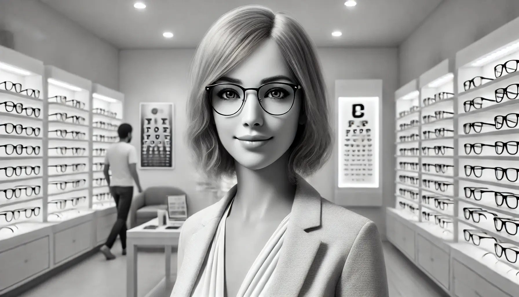 DALL·E 2024-09-09 08.55.34 - A hyperrealistic black and white image of a 35-year-old average-looking female optician in her optician store. The woman has a modest appearance, with