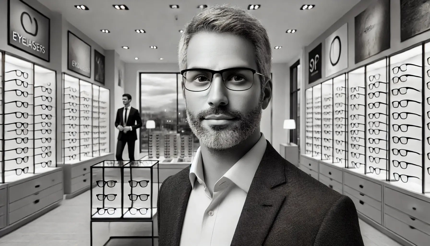 DALL·E 2024-09-09 09.00.28 - A hyperrealistic black and white image of a 50-year-old average-looking male store manager in a modern and spacious eyewear shop. The man has a modest