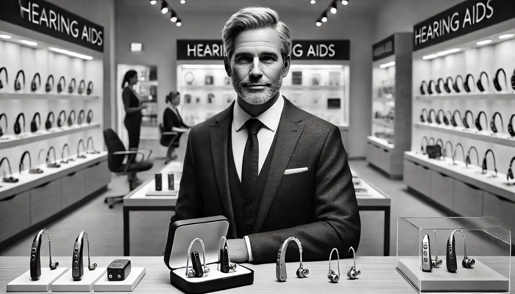 DALL·E 2024-09-09 09.03.59 - A hyperrealistic black and white image of a 50-year-old average-looking male hearing aid specialist standing behind a counter in his store. The man ha