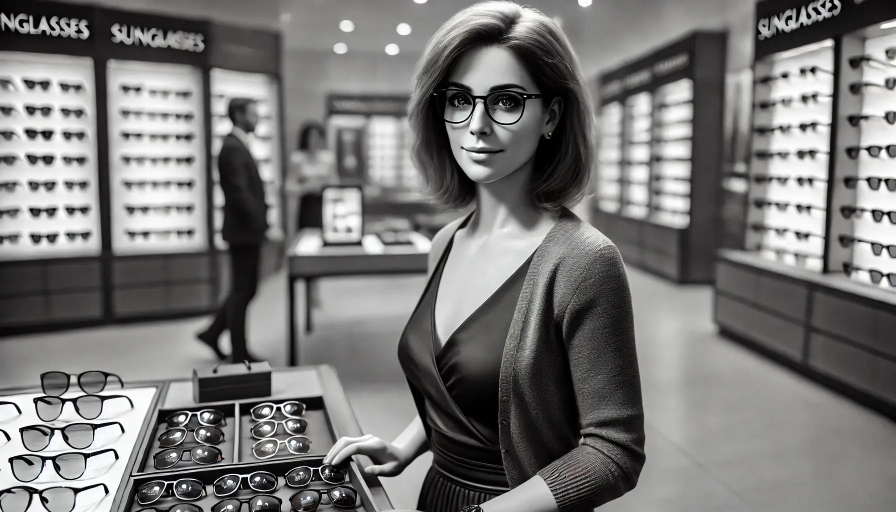 DALL·E 2024-09-09 09.08.23 - A hyperrealistic black and white image of a 45-year-old average-looking European female sales assistant working in a sunglasses store. The woman has a