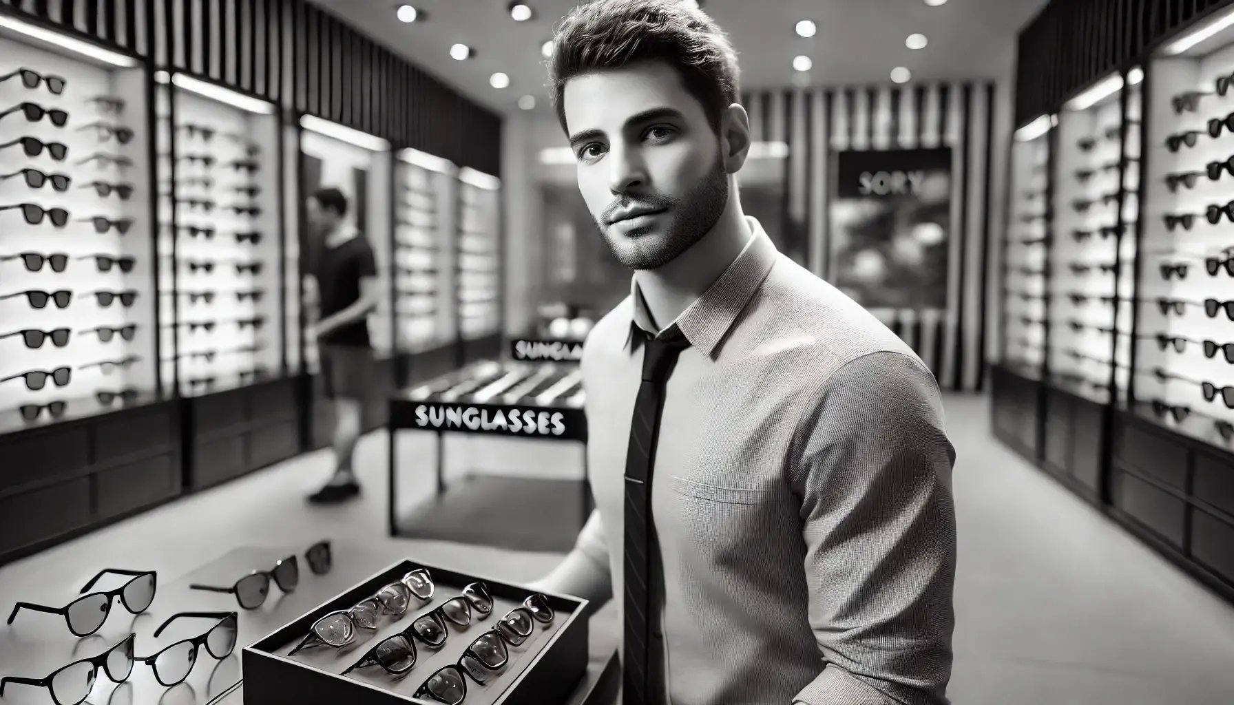 DALL·E 2024-09-09 09.14.26 - A hyperrealistic black and white image of a 25-year-old average-looking European male sales assistant working in a sunglasses store. The man has a mod