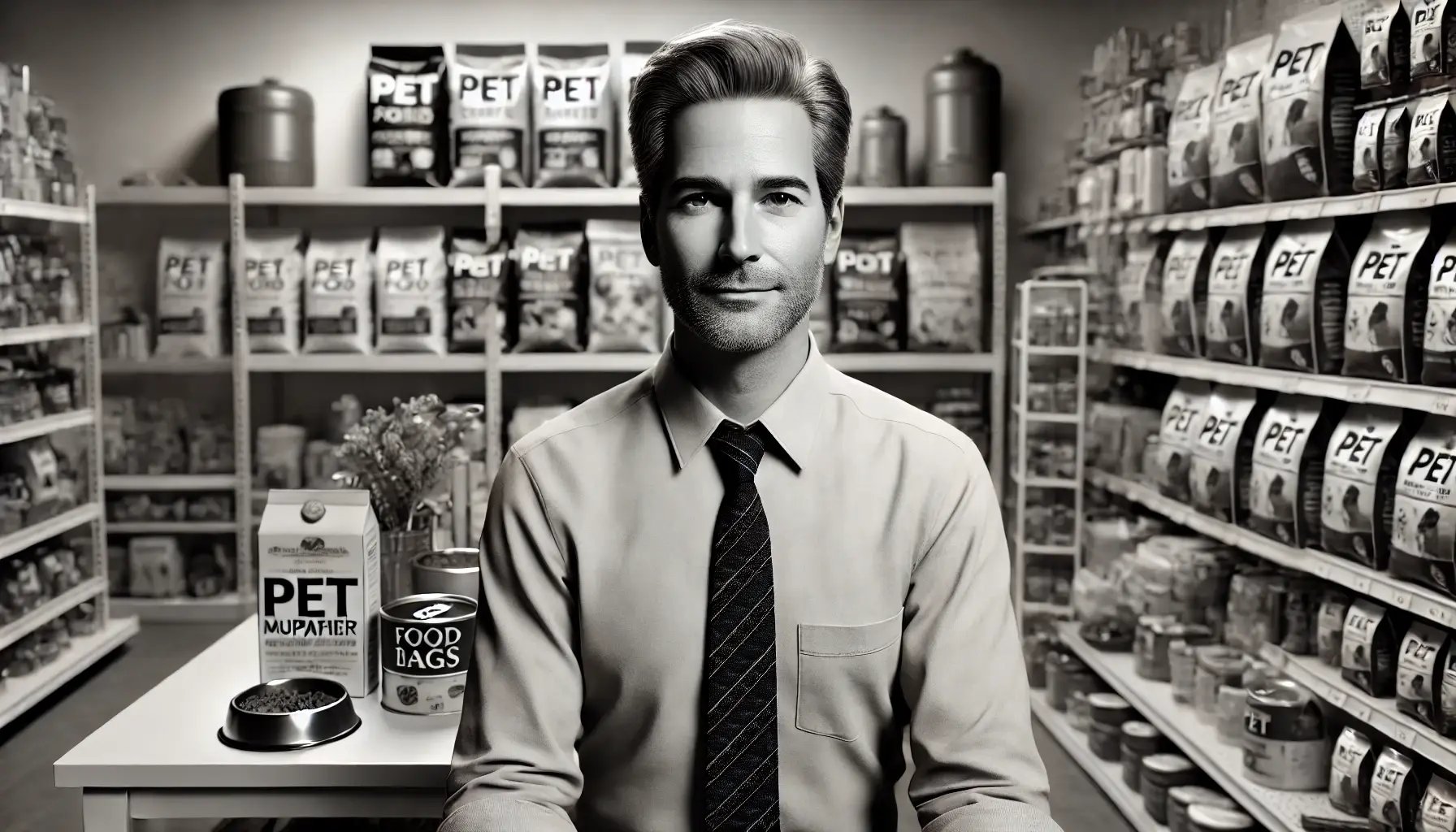 DALL·E 2024-09-11 14.31.25 - A hyperrealistic black-and-white image of a 45-year-old, average-looking European department manager in a pet supply store. The person is wearing busi