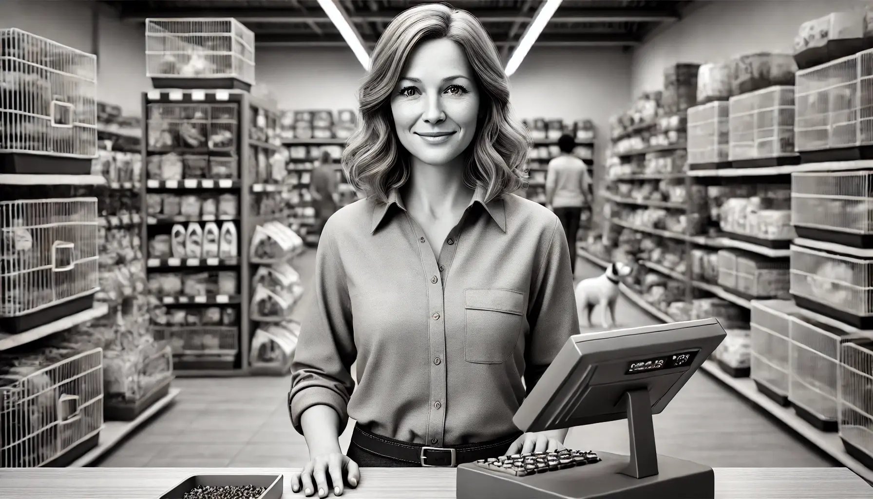 DALL·E 2024-09-11 18.05.29 - A hyper-realistic black and white image depicting a 45-year-old European woman, average-looking, with light wrinkles, medium-length hair, and wearing