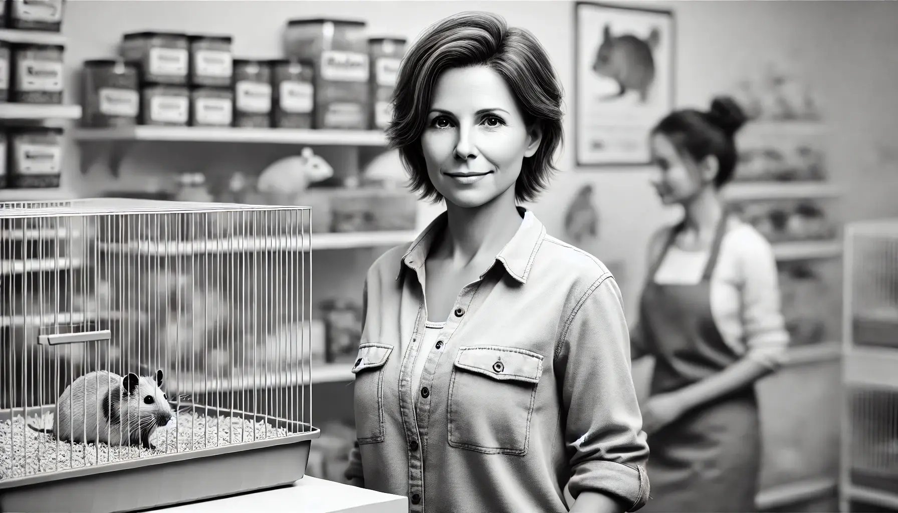 DALL·E 2024-09-11 18.17.45 - A hyper-realistic black and white image depicting a 40-year-old European woman, average-looking, with light wrinkles, medium-length hair, and wearing
