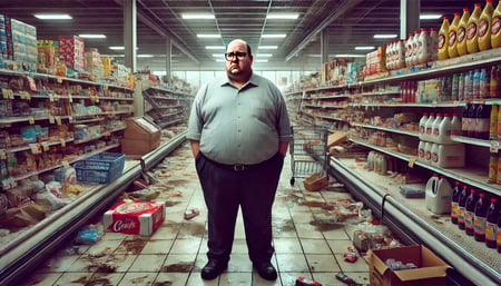 DALL·E 2024-09-16 20.18.44 - A hyper-realistic image of a sad, overweight supermarket manager, around 50 years old, with a bald head and glasses, standing in the center of a chaot