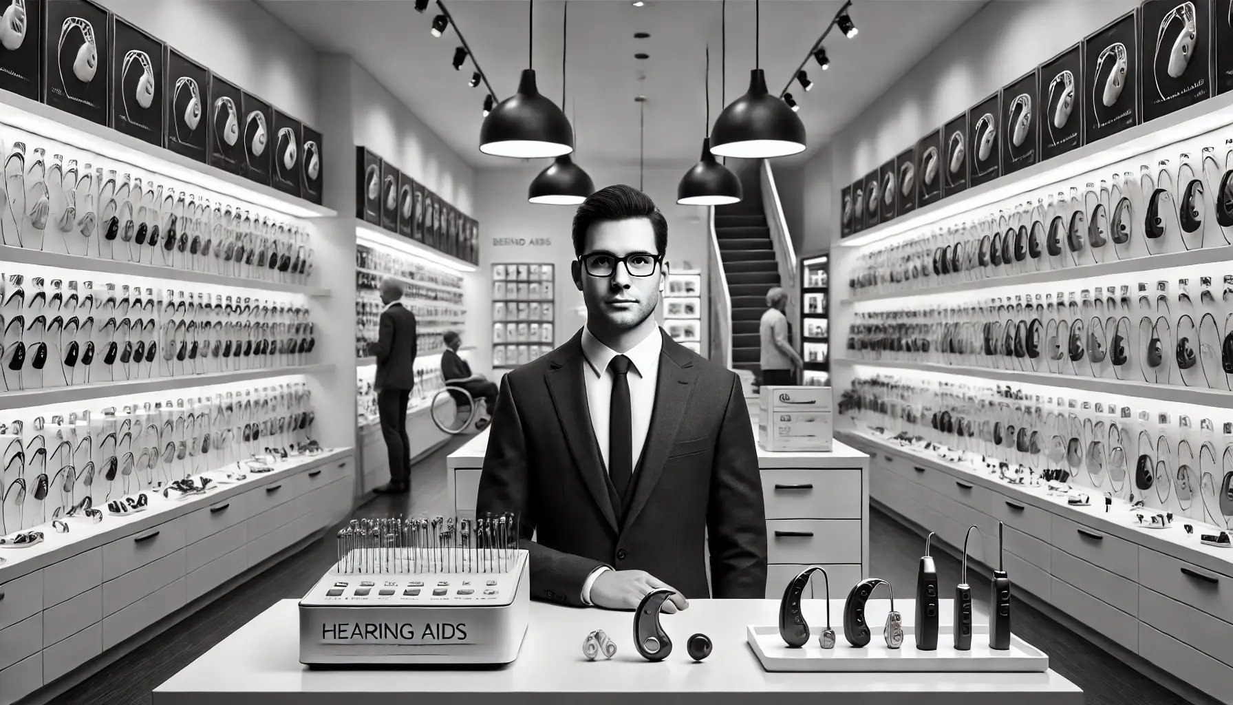 DALL·E 2024-09-23 09.46.58 - A hyperrealistic black and white image of a 30-year-old male hearing aid specialist standing behind a counter in a hearing aid store, positioned in th
