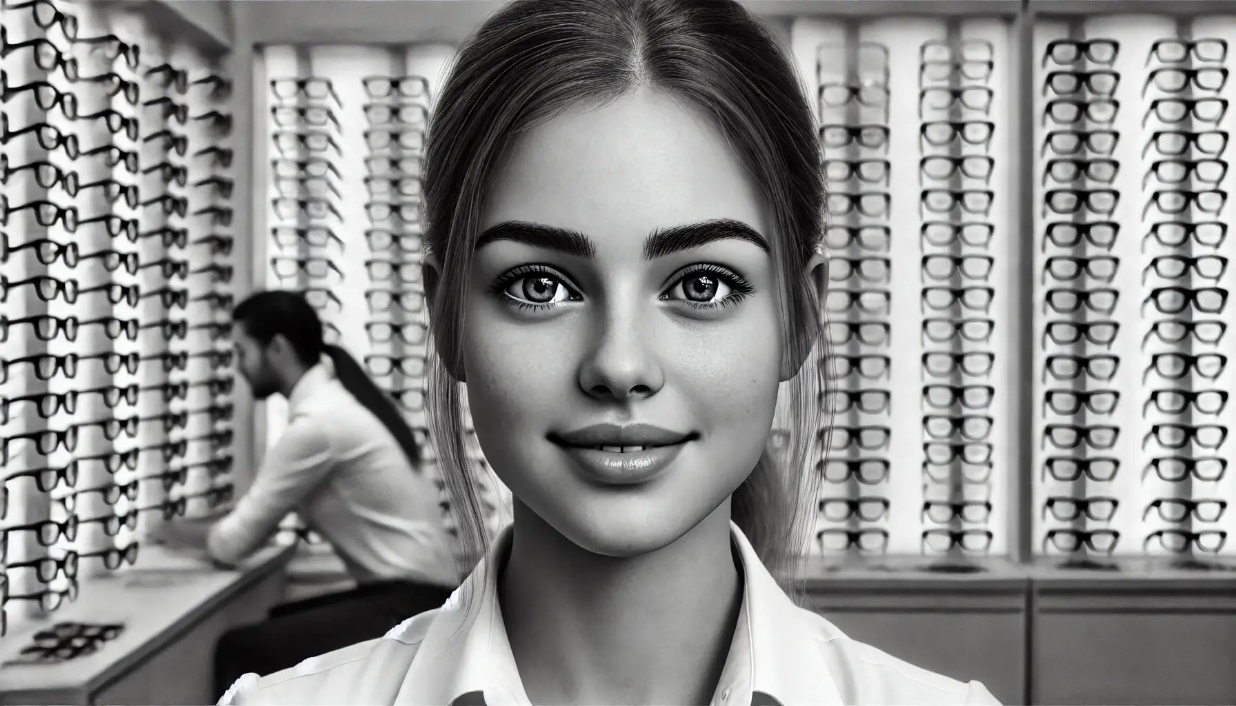 DALL·E 2024-10-16 20.22.21 - A hyper-realistic black-and-white image of a young European female apprentice in an optical store. She has a very average and plain appearance, with s